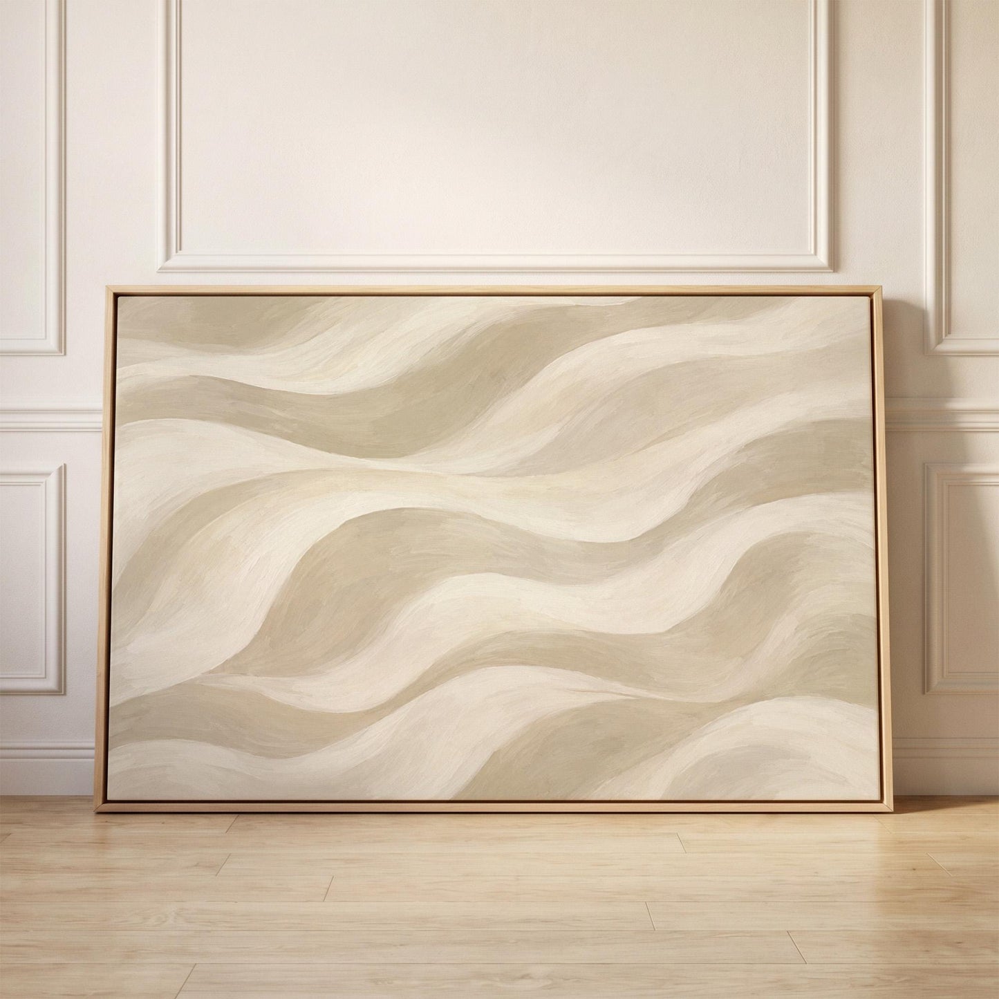 Soft sand waves flowing across horizontal canvas, canvas print held up against a sunlit bedroom wall