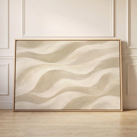 Soft sand waves flowing across horizontal canvas, canvas print held up against a sunlit bedroom wall