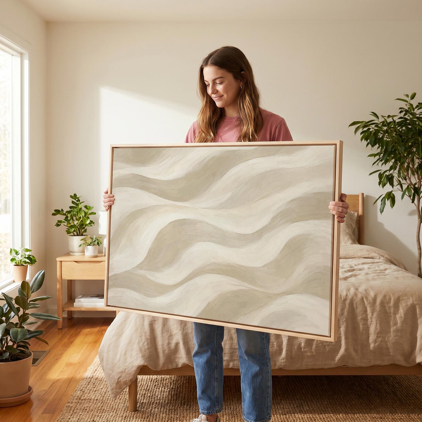 Soft sand waves flowing across horizontal canvas, canvas print hanging in a calm, modern living space