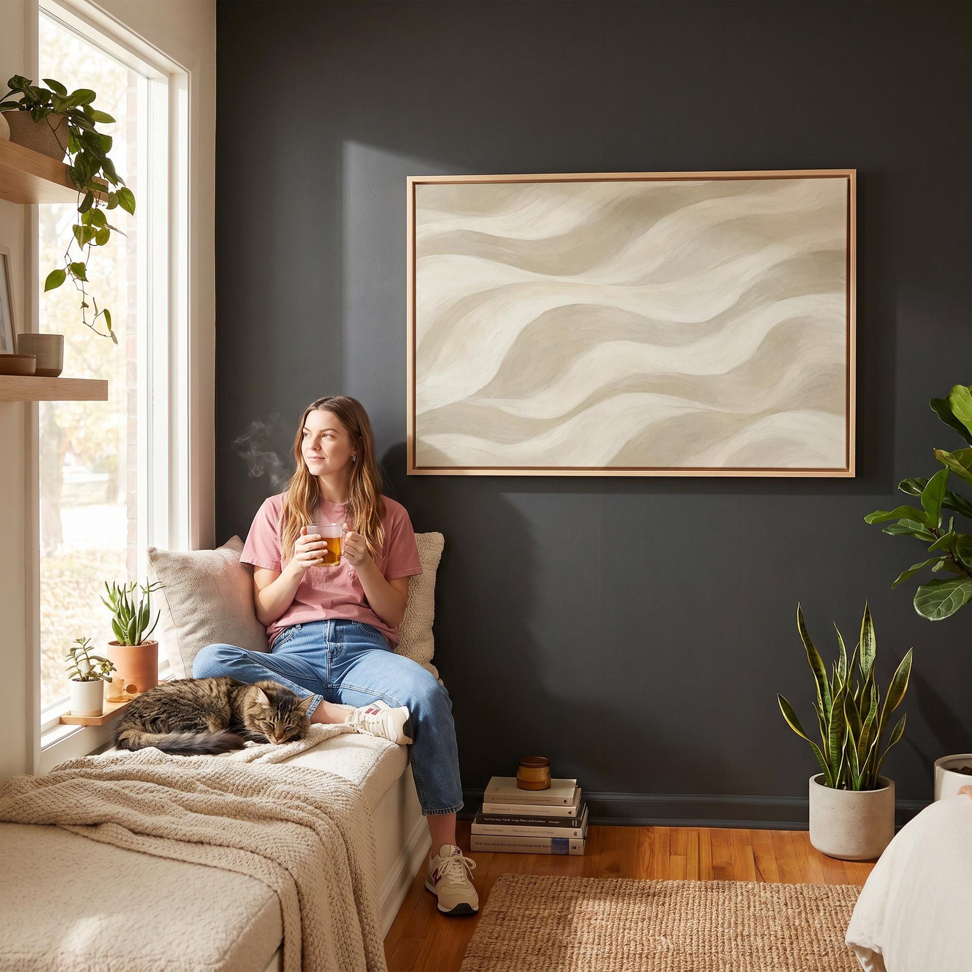 Soft sand waves flowing across horizontal canvas, canvas print seen in a warm interior with natural light