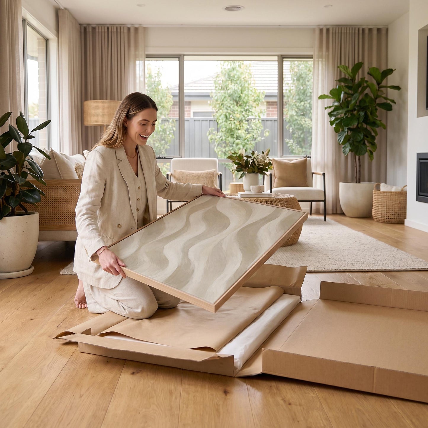 Soft sand waves flowing across horizontal canvas, canvas print shown to scale in a furnished room