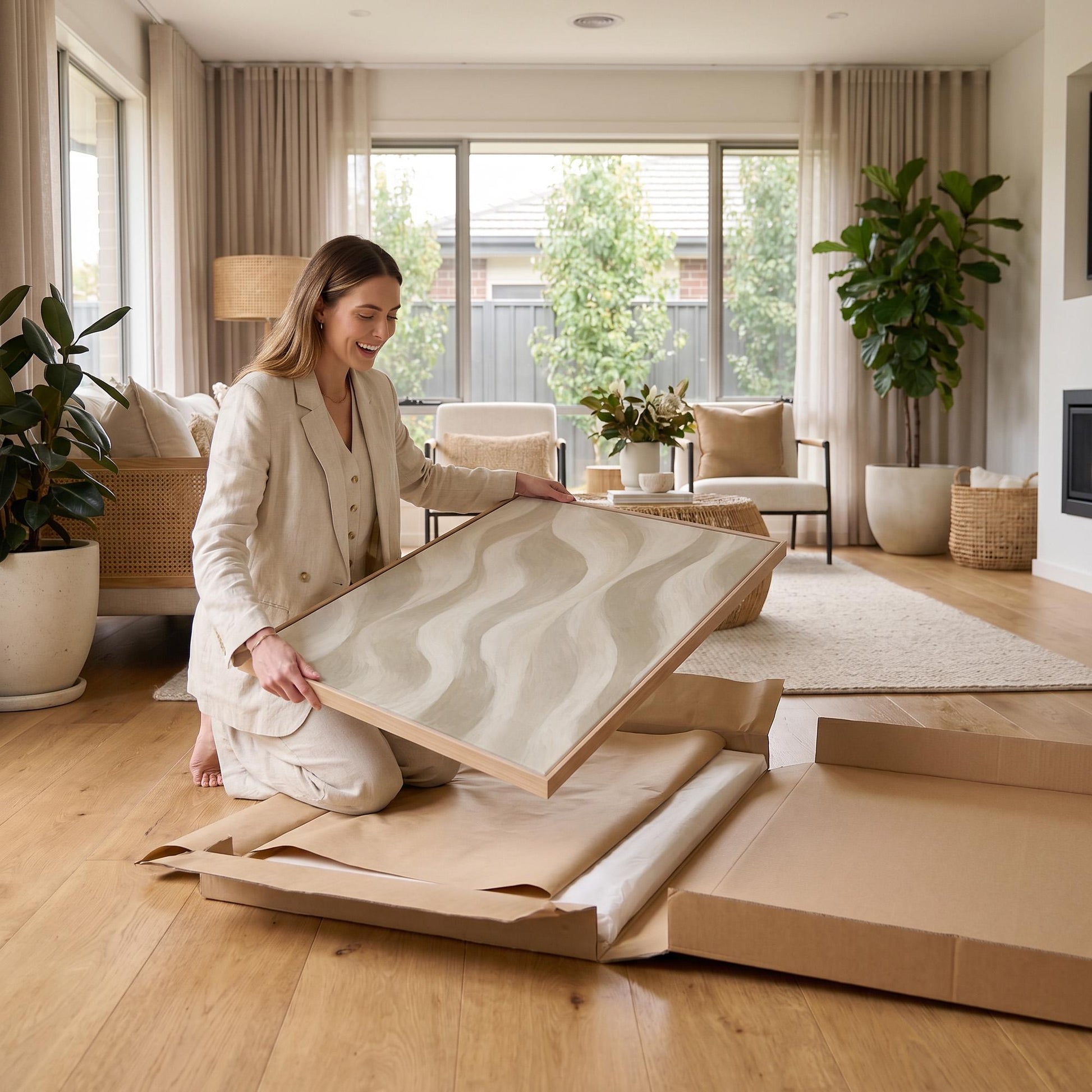 Soft sand waves flowing across horizontal canvas, canvas print shown to scale in a furnished room