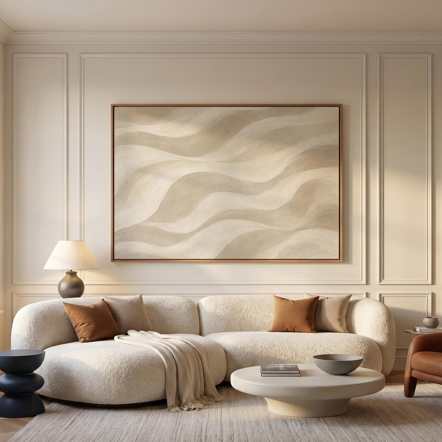 Soft sand waves flowing across horizontal canvas, canvas print displayed on a neutral wall in a styled interior