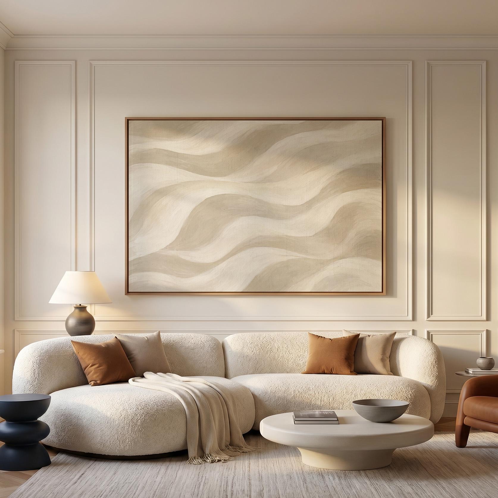 Soft sand waves flowing across horizontal canvas, canvas print displayed on a neutral wall in a styled interior