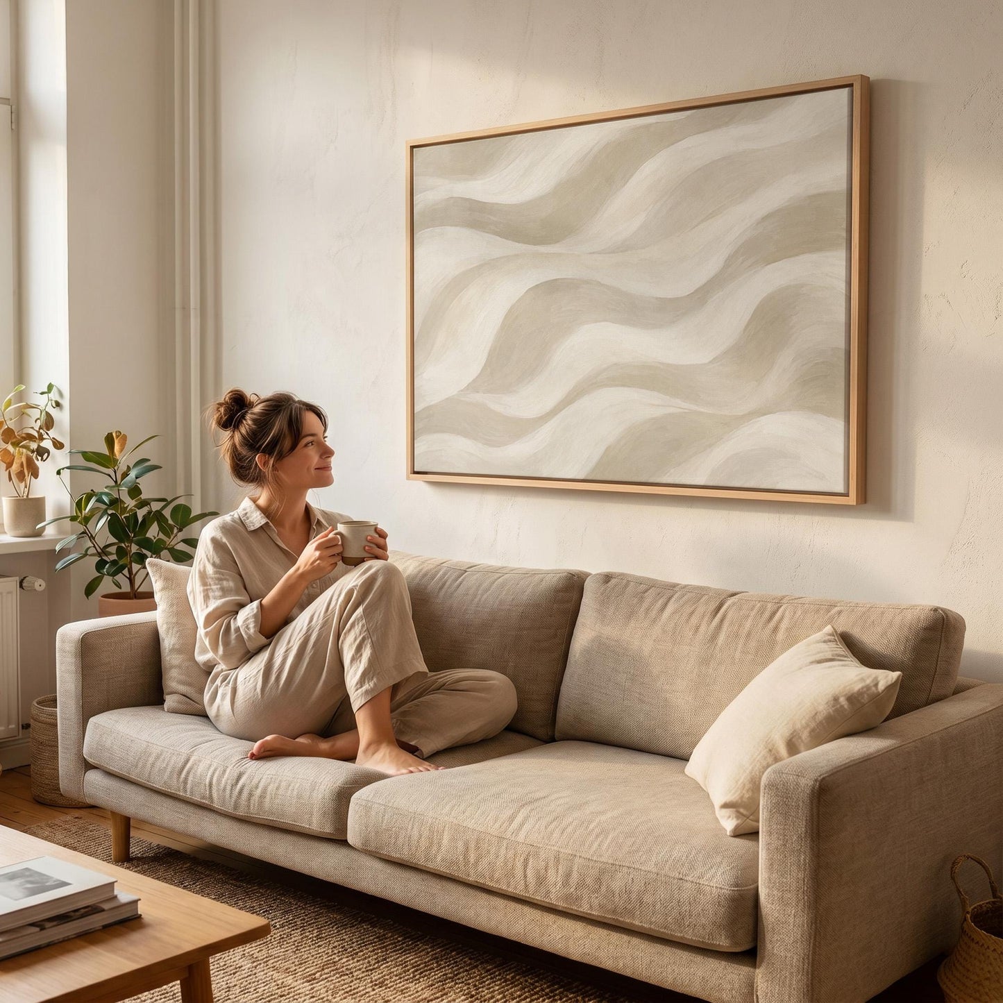 Soft sand waves flowing across horizontal canvas, canvas wall art hanging in a calm, modern living space