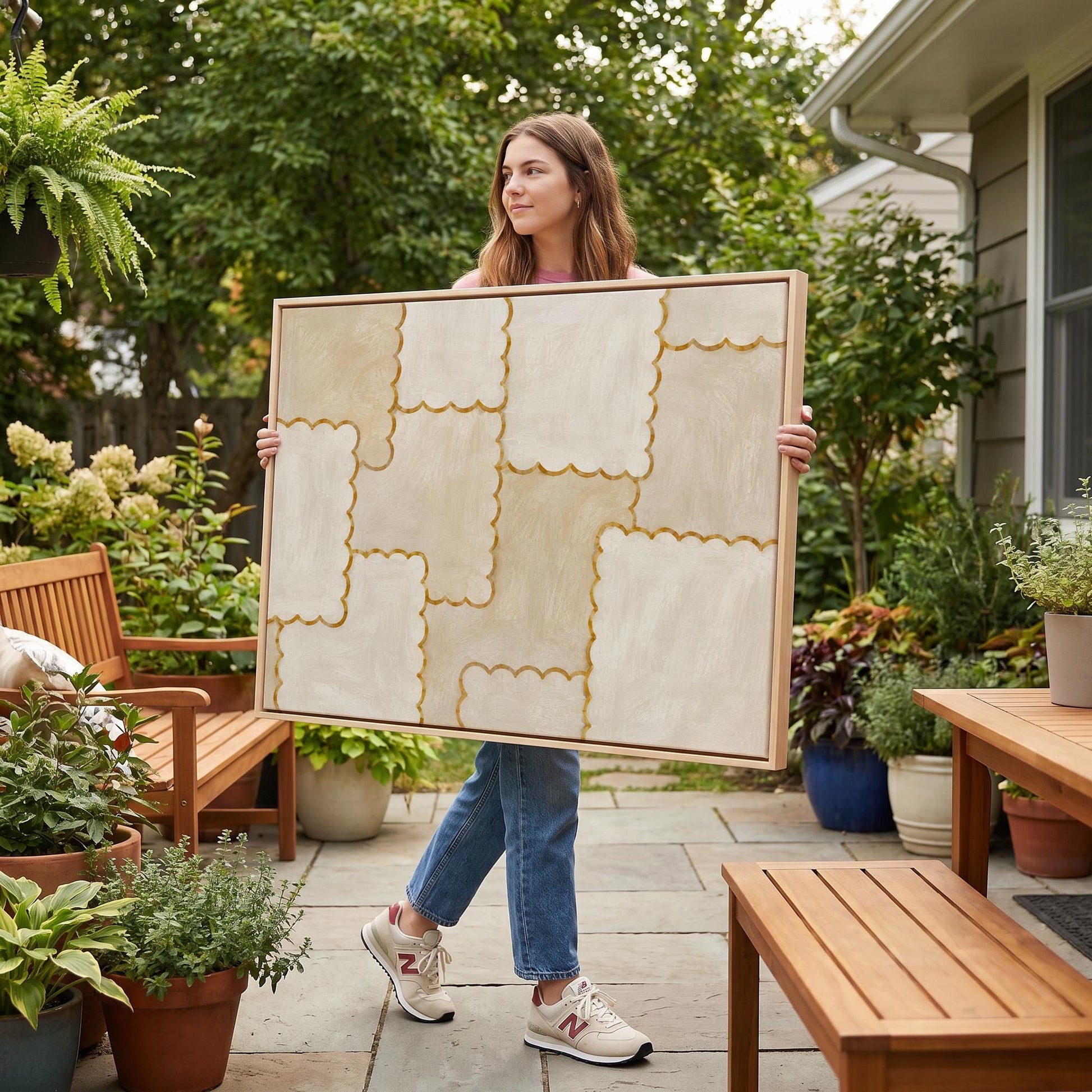 Scalloped edge tiles with gold outline in cream, canvas print hanging in a calm, modern living space