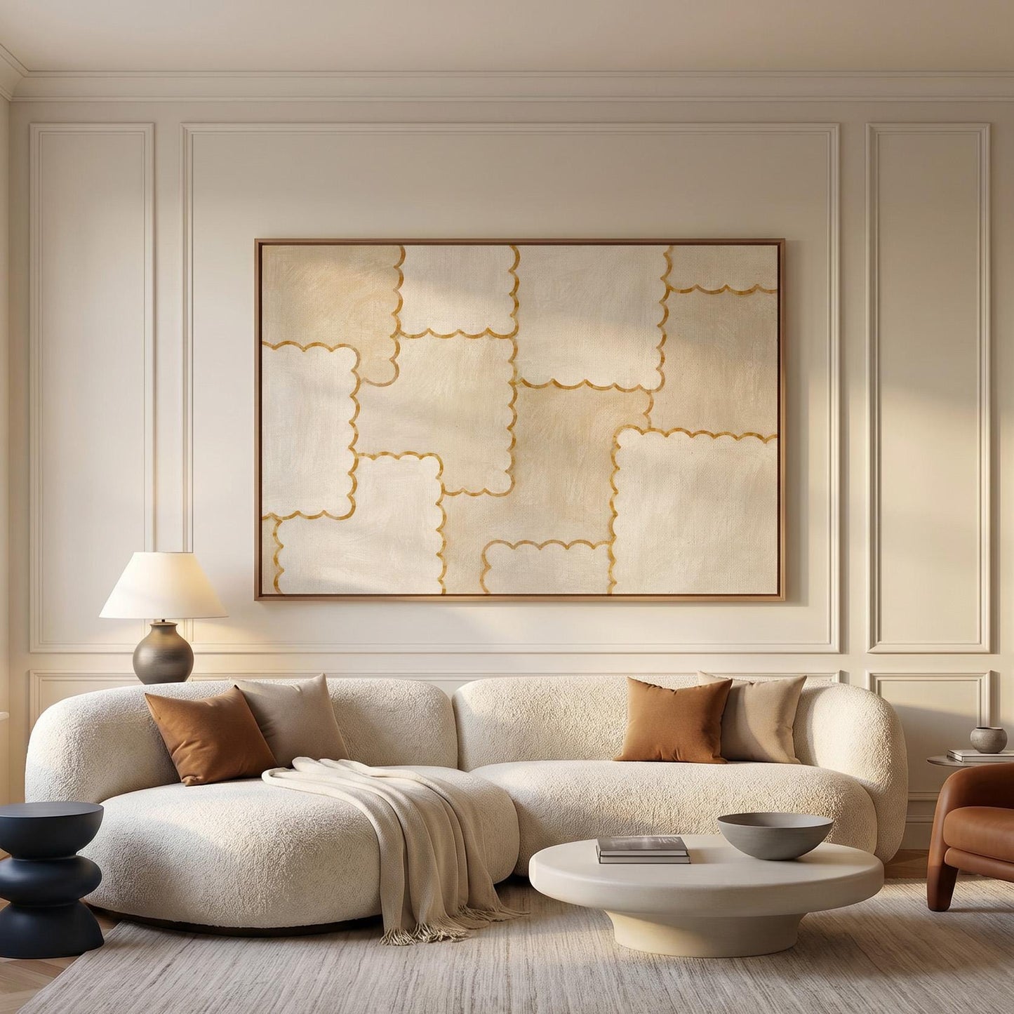 Scalloped edge tiles with gold outline in cream, canvas print styled against a soft white wall