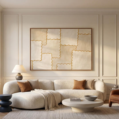 Scalloped edge tiles with gold outline in cream, canvas print styled against a soft white wall
