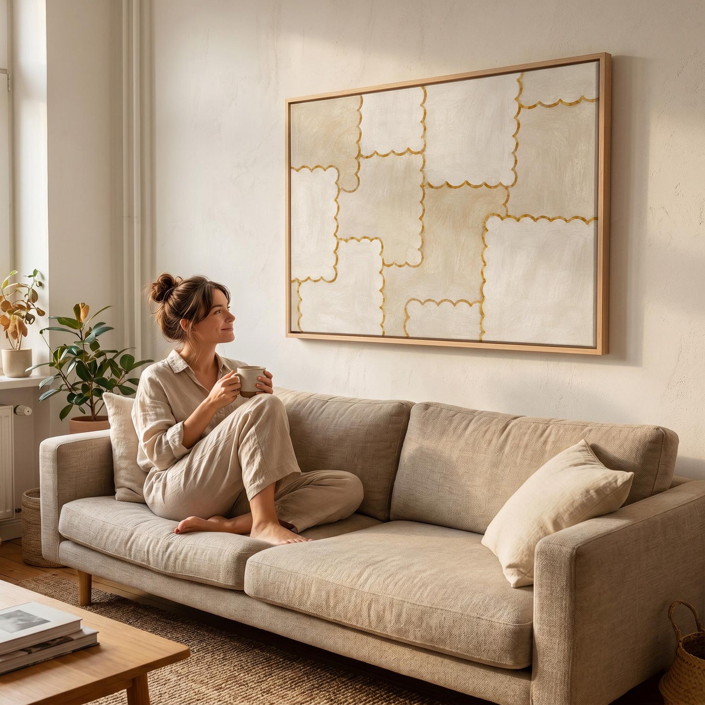 Scalloped edge tiles with gold outline in cream, canvas wall art styled against a soft white wall