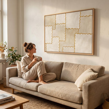 Scalloped edge tiles with gold outline in cream, canvas wall art styled against a soft white wall