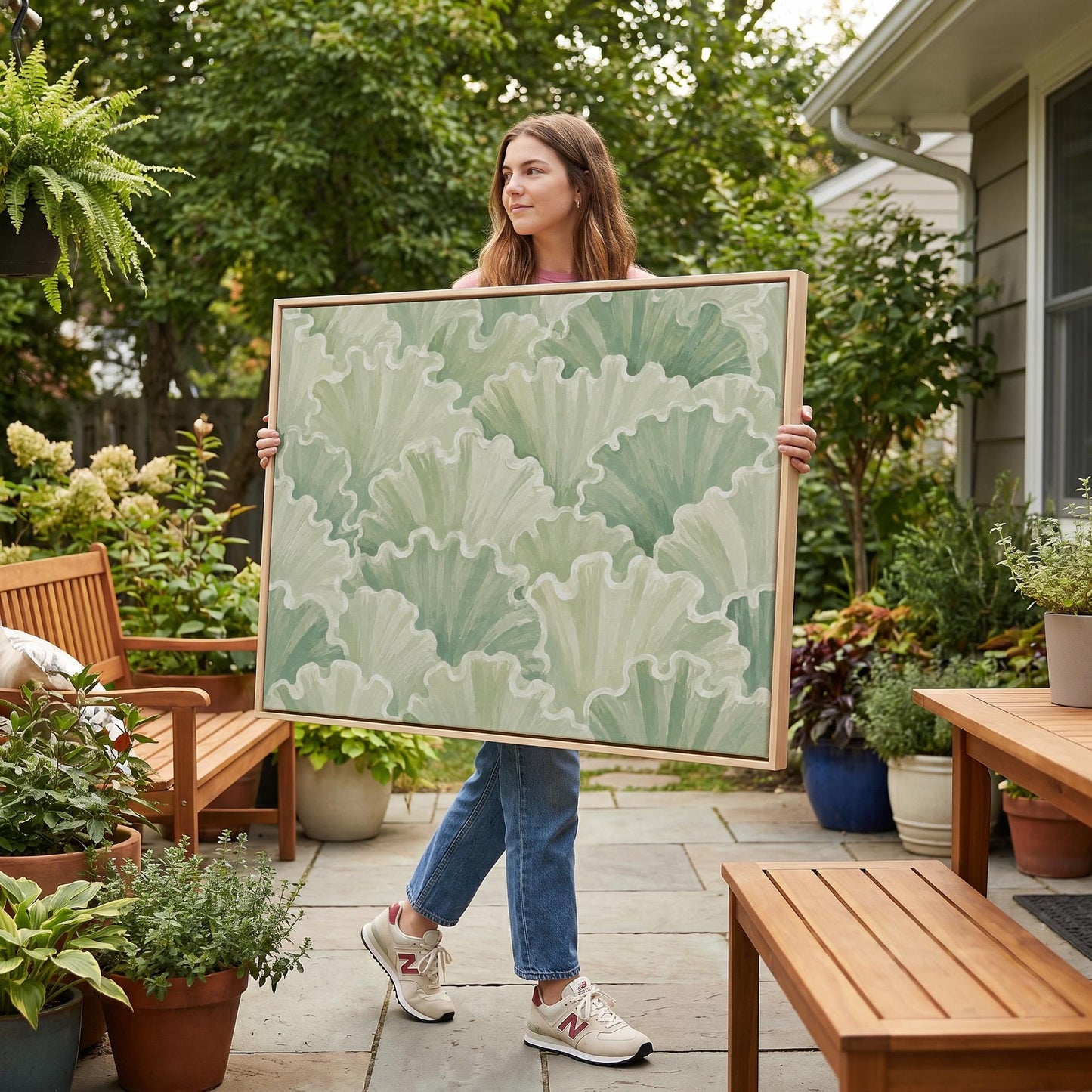 Ruffled leafy fan shapes in sage green rows, canvas print shown in a sunlit, contemporary room