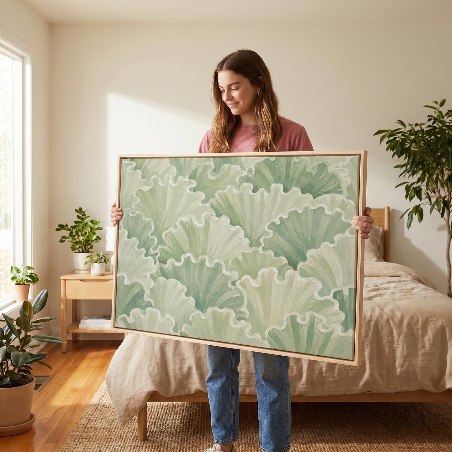 Ruffled leafy fan shapes in sage green rows, canvas wall art seen in a warm interior with natural light