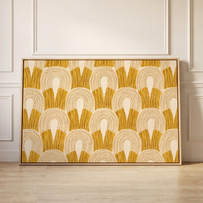 Rows of golden ochre arch shapes, canvas print held up against a sunlit bedroom wall