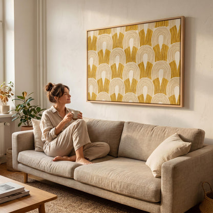 Rows of golden ochre arch shapes, canvas print seen in a warm interior with natural light