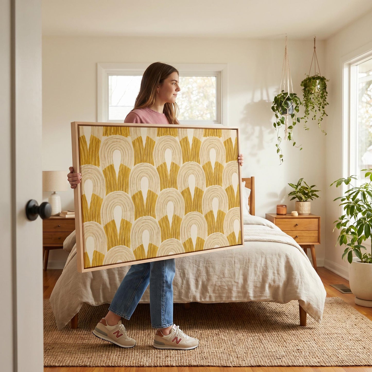 Rows of golden ochre arch shapes, canvas print presented in a light, minimal room
