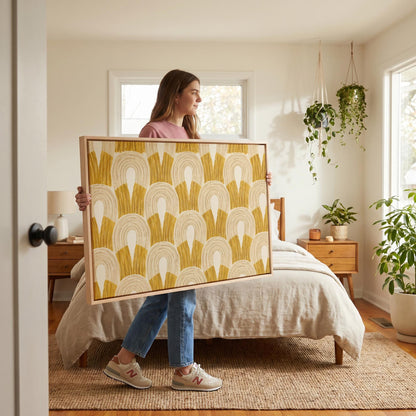 Rows of golden ochre arch shapes, canvas print presented in a light, minimal room