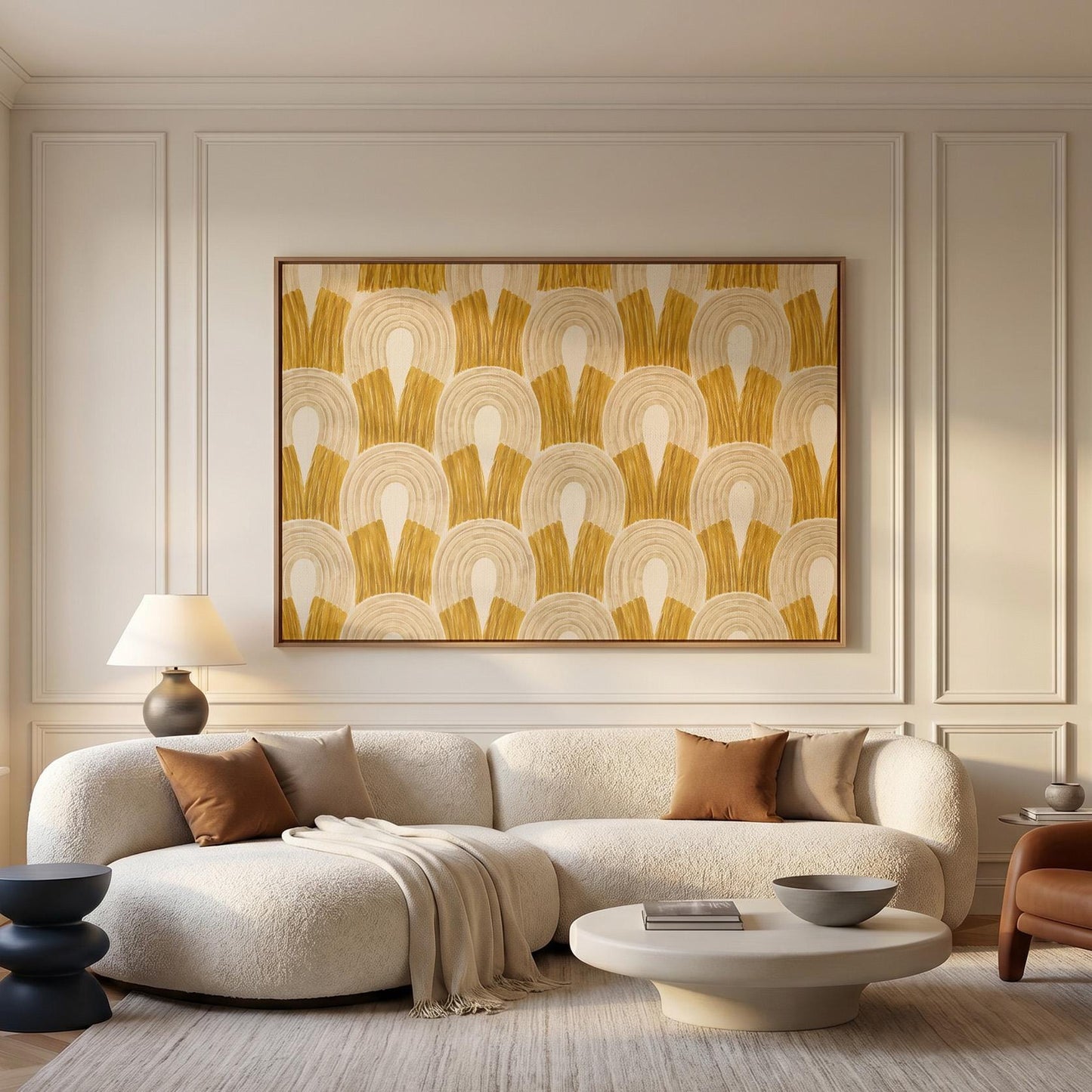 Rows of golden ochre arch shapes, canvas print on a quiet wall in a considered interior