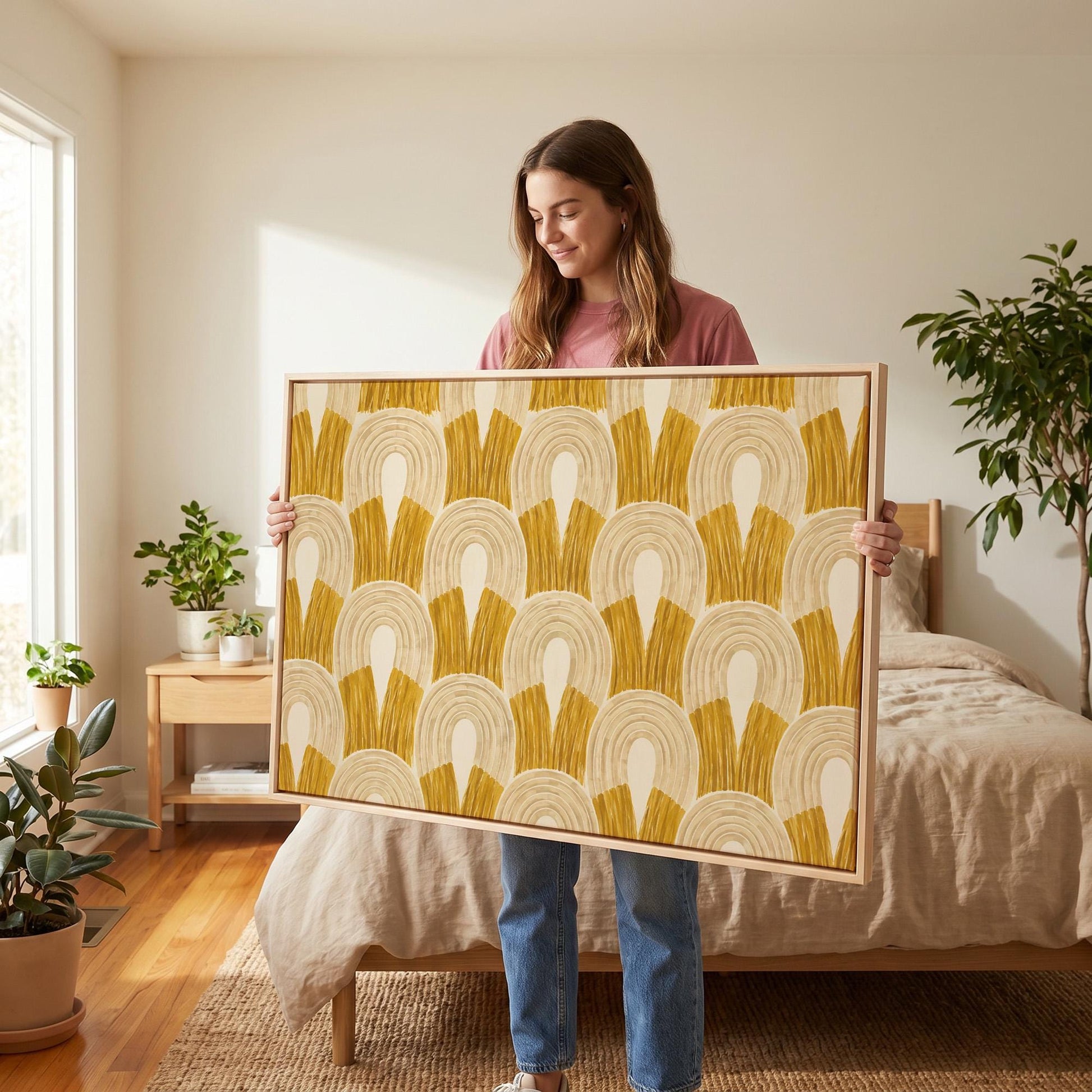Rows of golden ochre arch shapes, canvas wall art hanging in a calm, modern living space