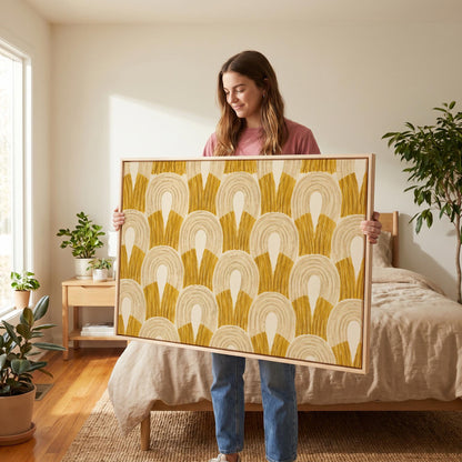 Rows of golden ochre arch shapes, canvas wall art hanging in a calm, modern living space