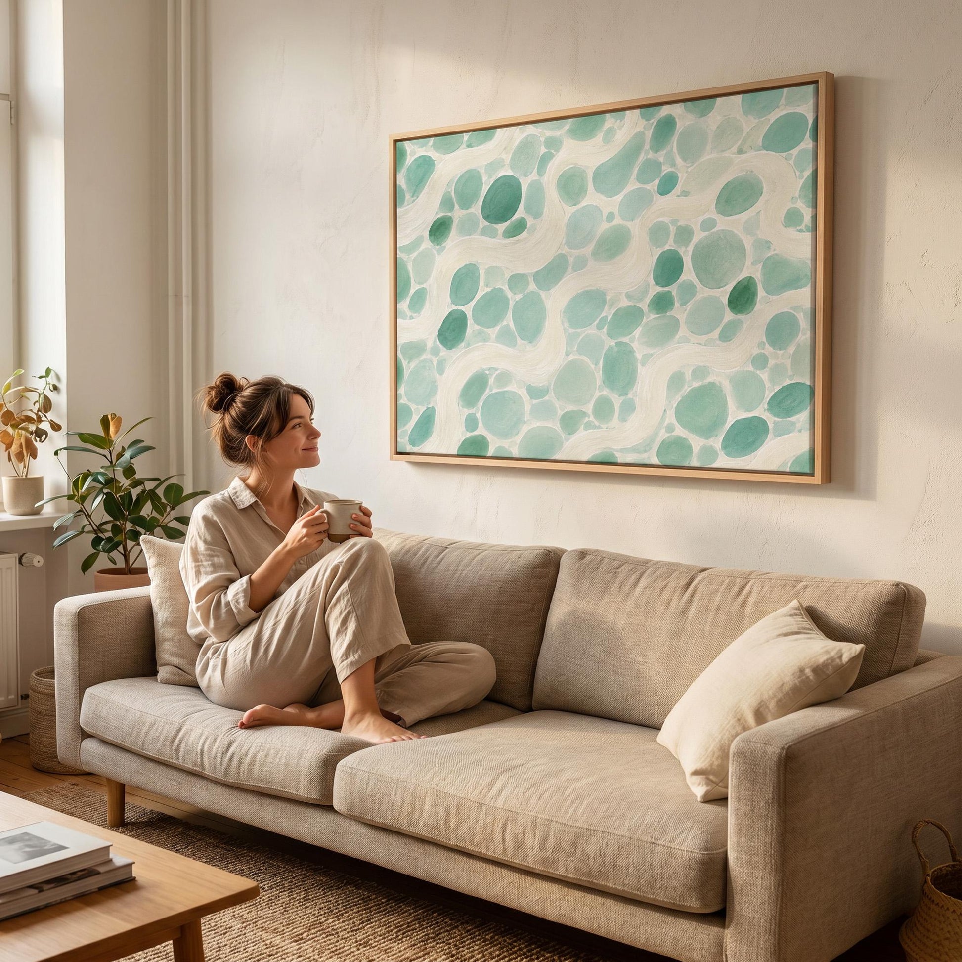 Aqua pebbles flowing like a stream horizontally, canvas print presented in a light, minimal room