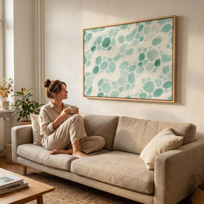 Aqua pebbles flowing like a stream horizontally, canvas print presented in a light, minimal room