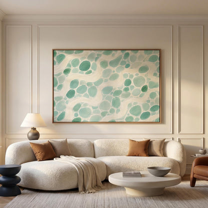 Aqua pebbles flowing like a stream horizontally, canvas print shown in a sunlit, contemporary room