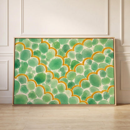 Green scallop scales with golden trim rows, canvas print held up against a sunlit bedroom wall