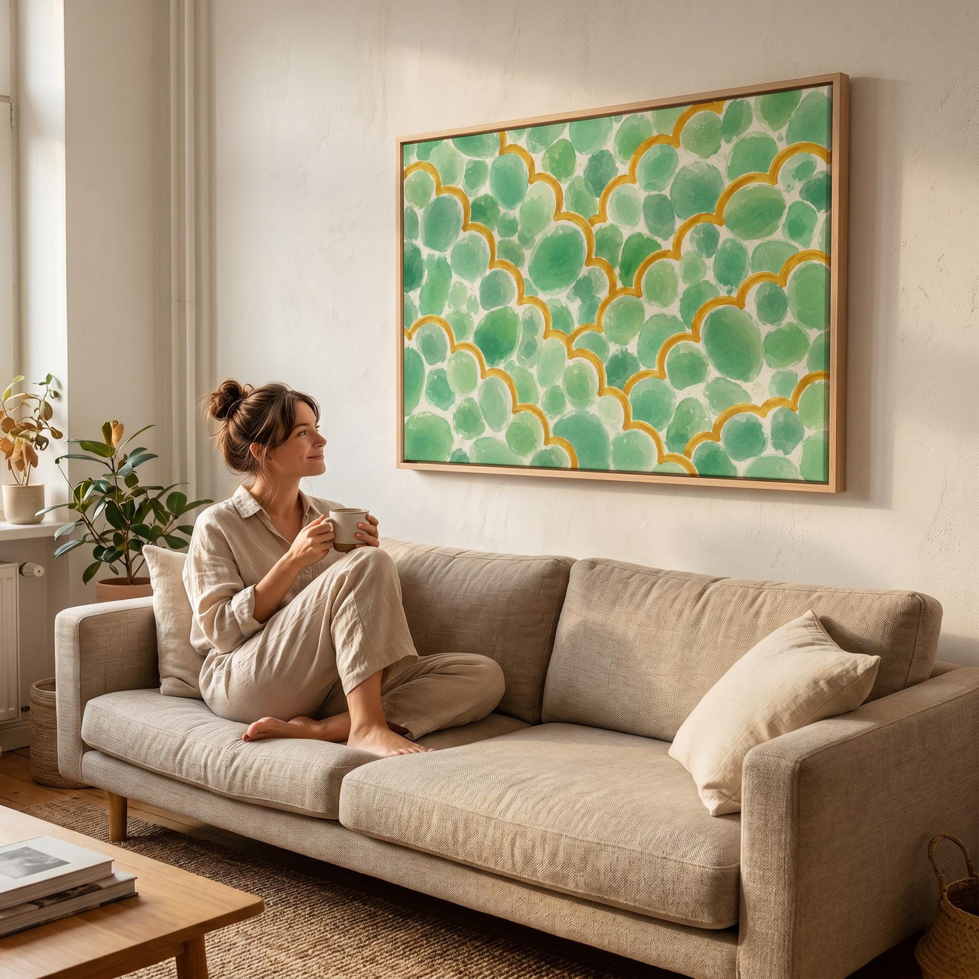 Green scallop scales with golden trim rows, canvas print seen in a warm interior with natural light
