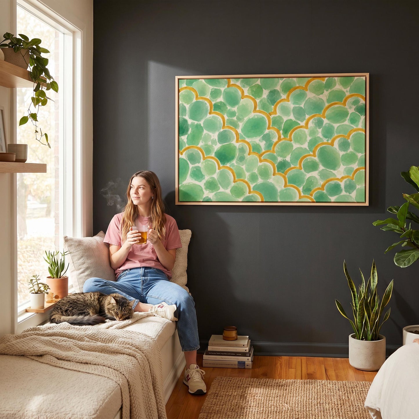 Green scallop scales with golden trim rows, canvas print presented in a light, minimal room