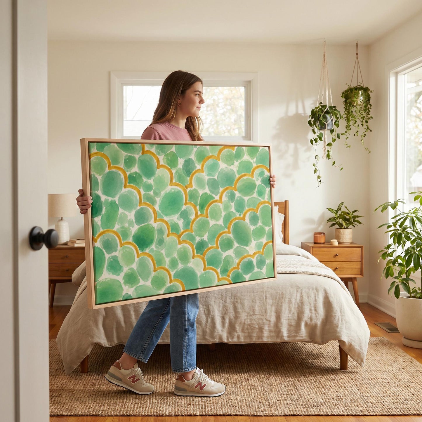 Green scallop scales with golden trim rows, canvas print on a quiet wall in a considered interior