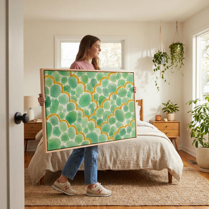 Green scallop scales with golden trim rows, canvas print on a quiet wall in a considered interior