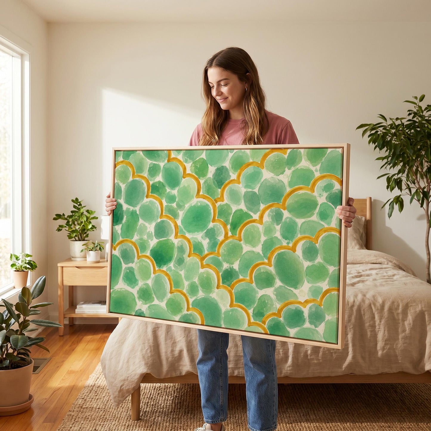 Green scallop scales with golden trim rows, canvas print shown to scale in a furnished room