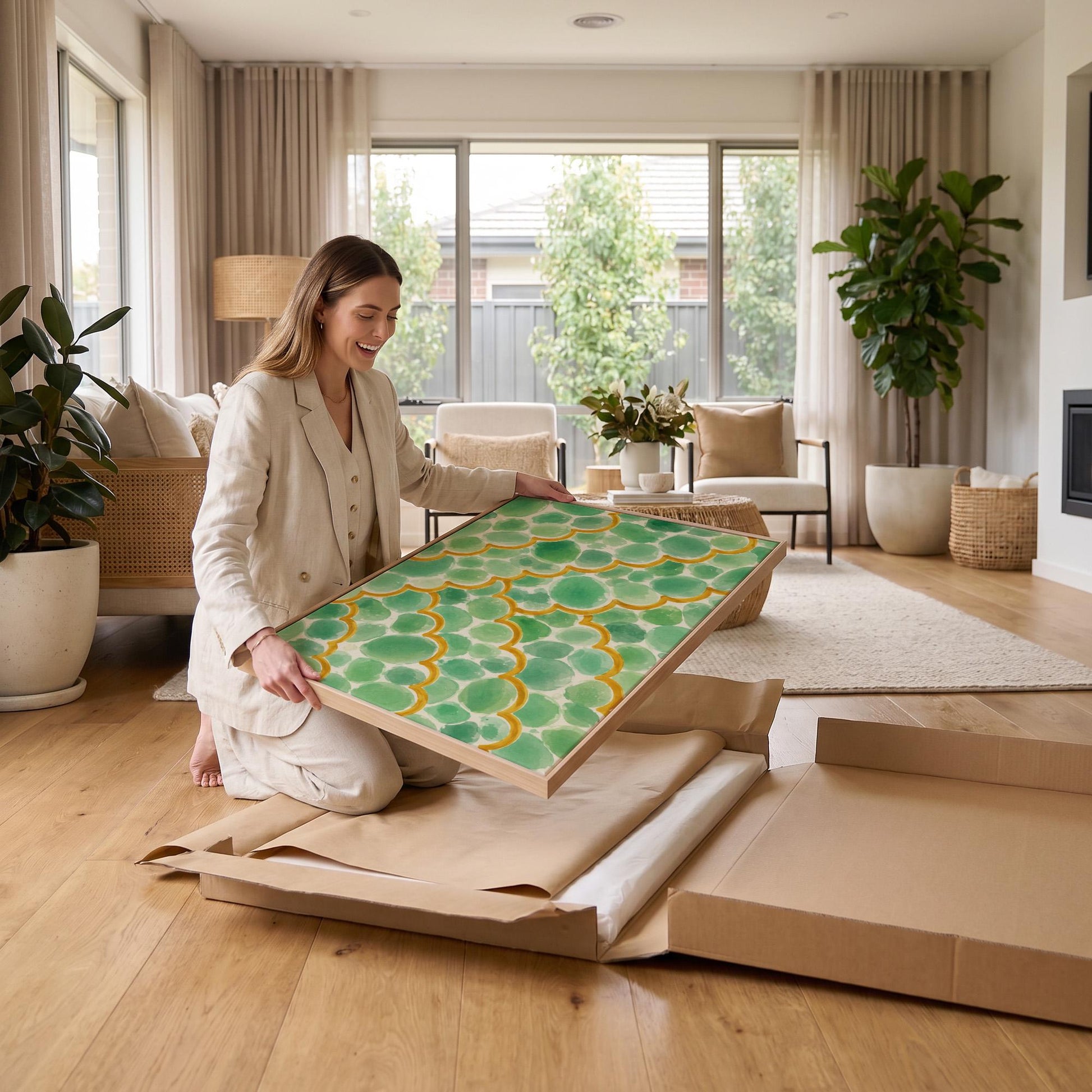 Green scallop scales with golden trim rows, canvas print displayed on a neutral wall in a styled interior