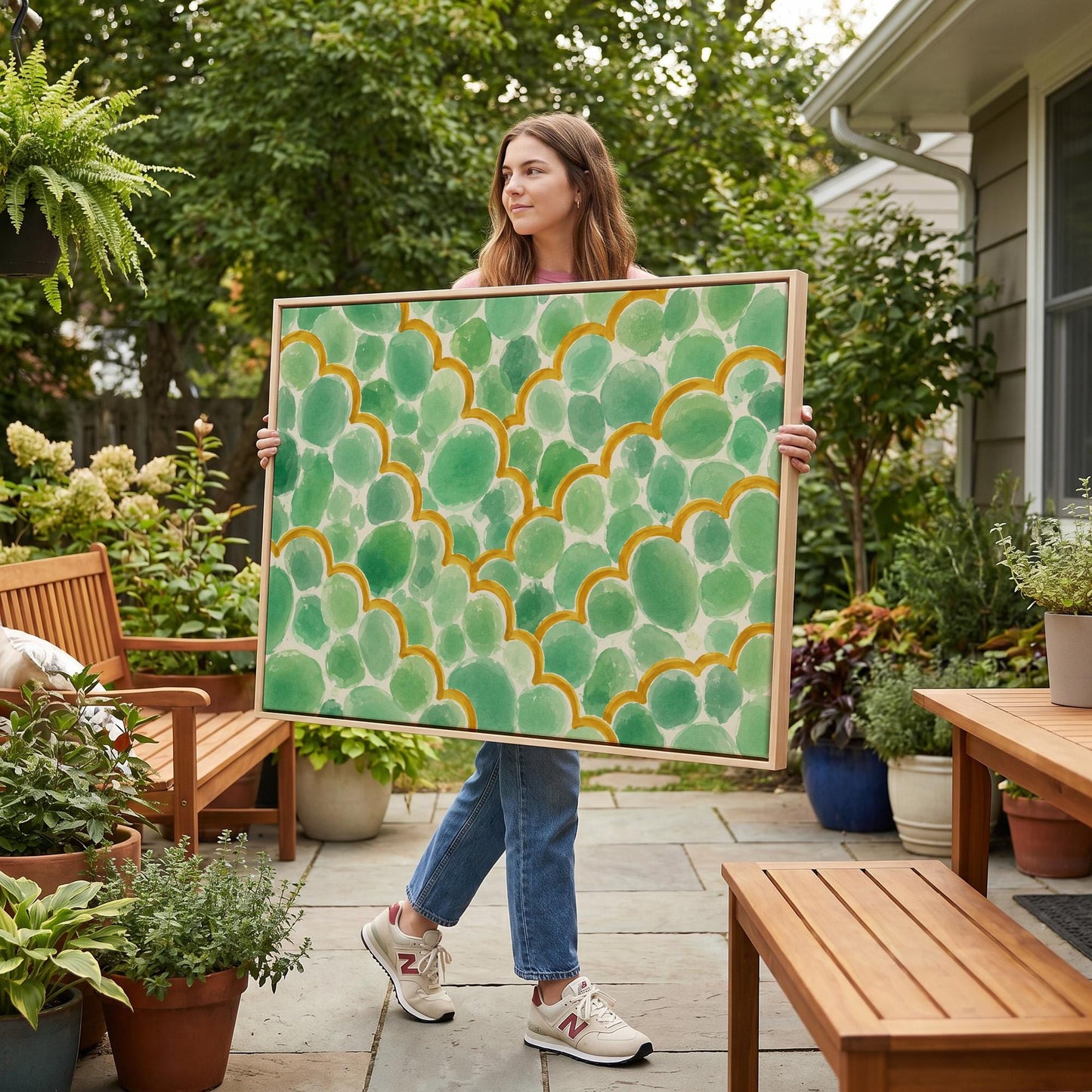 Green scallop scales with golden trim rows, canvas print shown in a sunlit, contemporary room