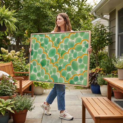 Green scallop scales with golden trim rows, canvas print shown in a sunlit, contemporary room