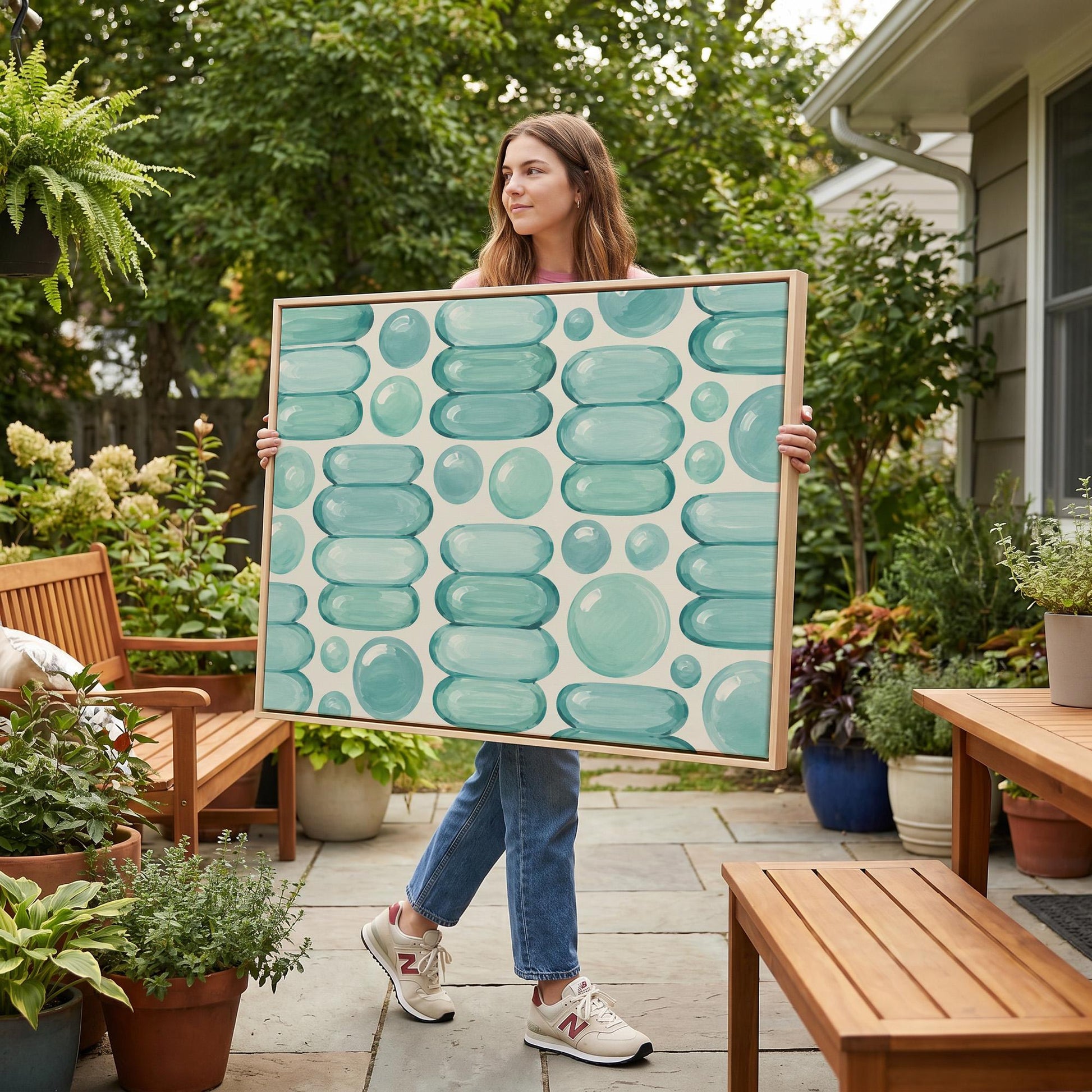 Rows of teal water drop and capsule shapes, canvas print seen in a warm interior with natural light