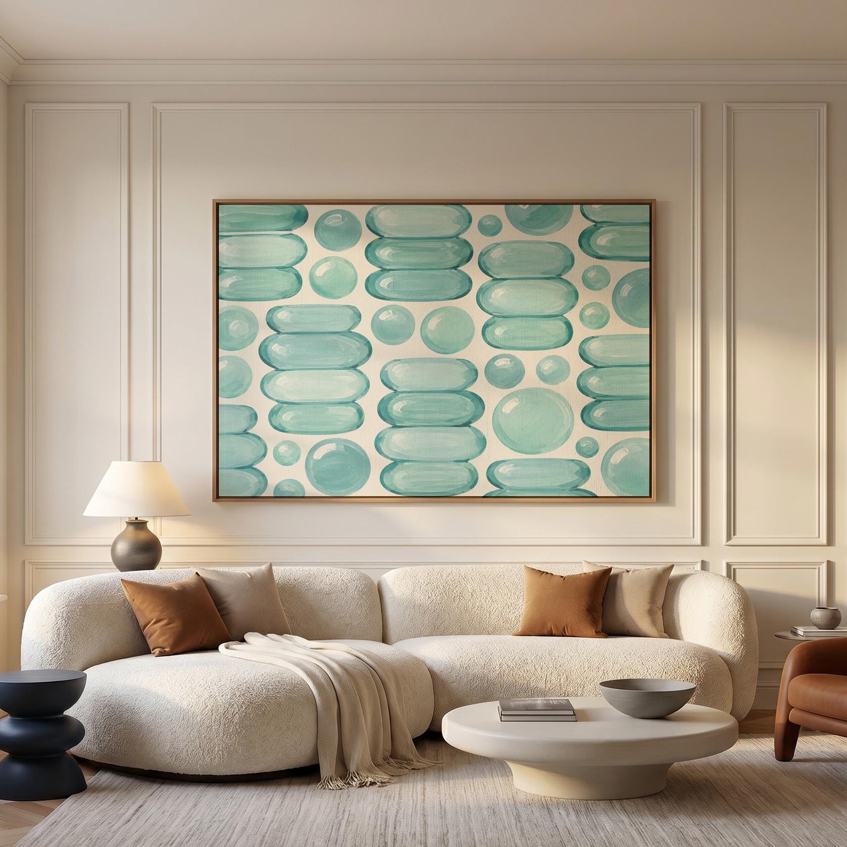 Rows of teal water drop and capsule shapes, canvas wall art styled against a soft white wall