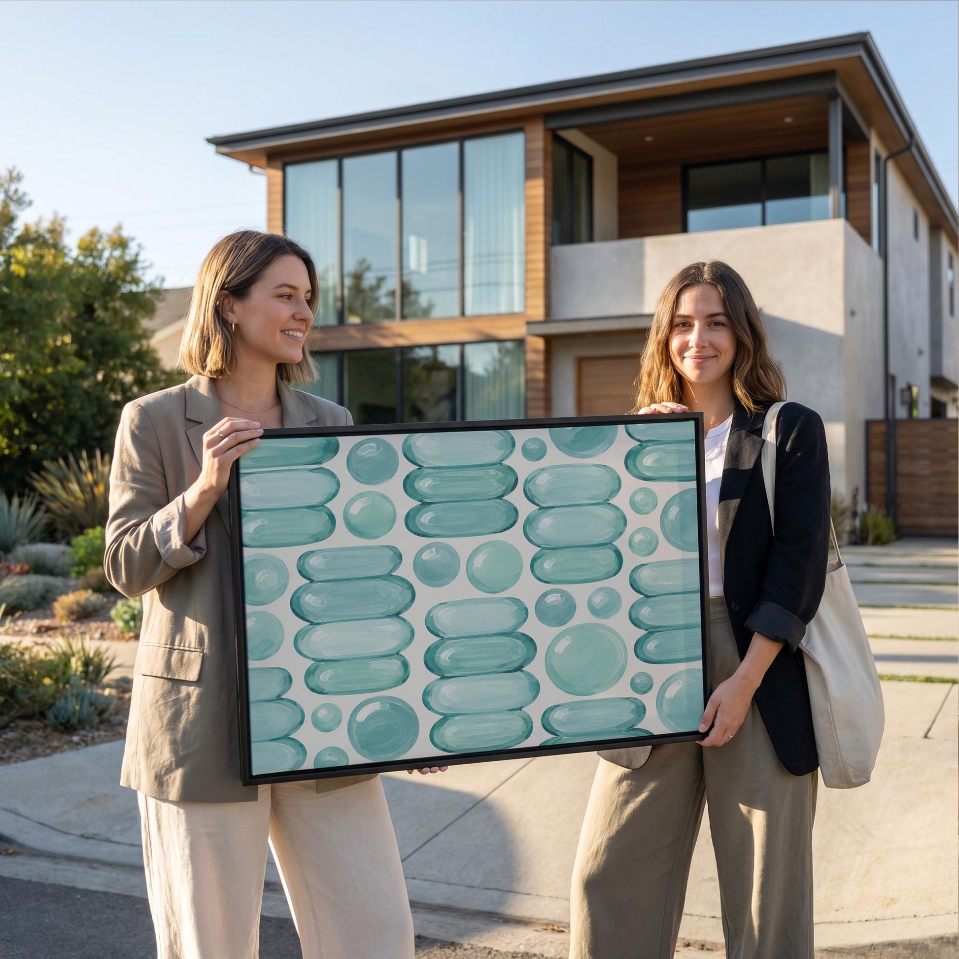 Rows of teal water drop and capsule shapes, canvas wall art seen in a warm interior with natural light