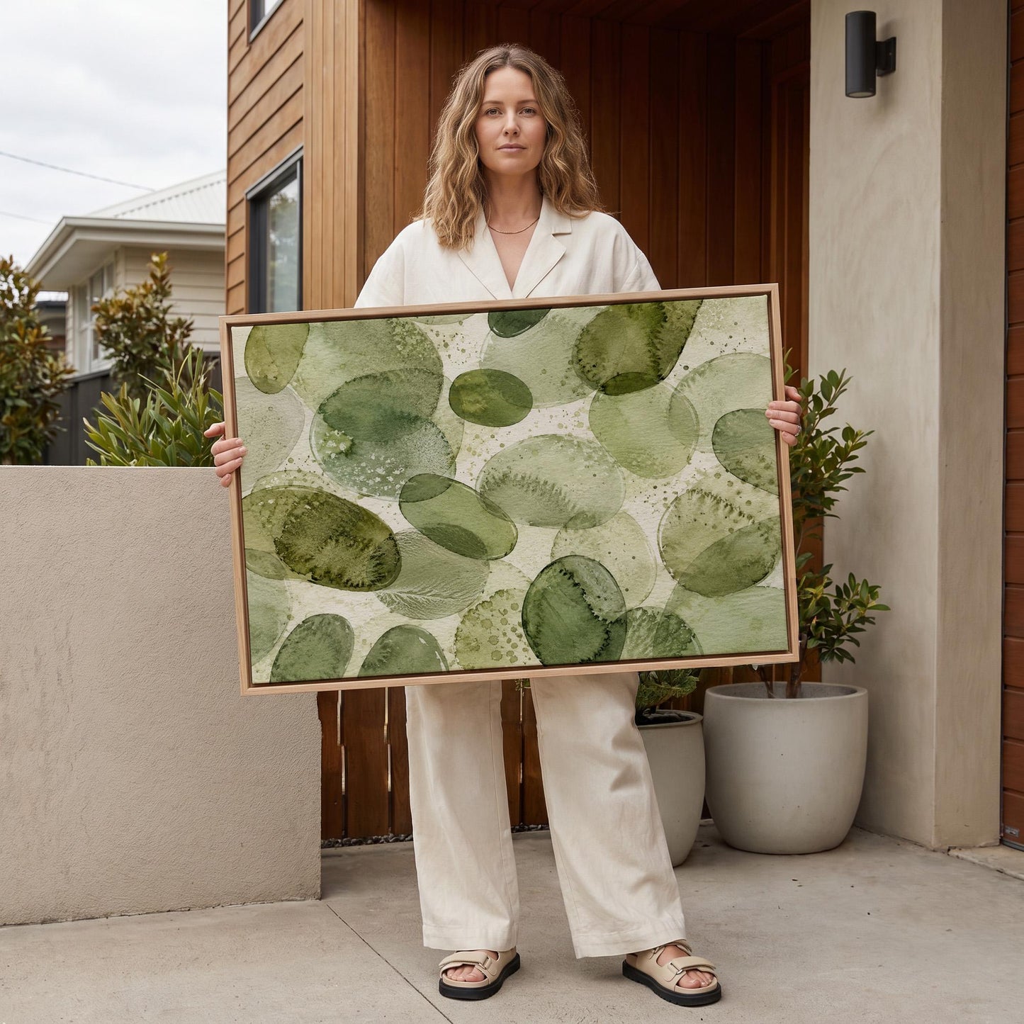 Overlapping olive green stone shapes, canvas print hanging in a calm, modern living space