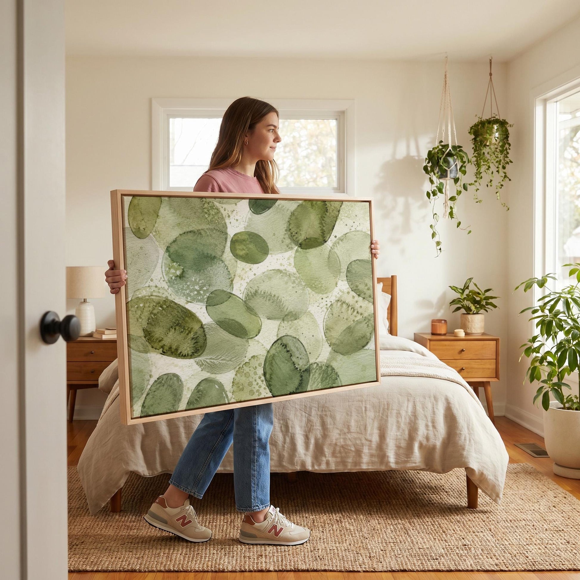 Overlapping olive green stone shapes, canvas print shown to scale in a furnished room