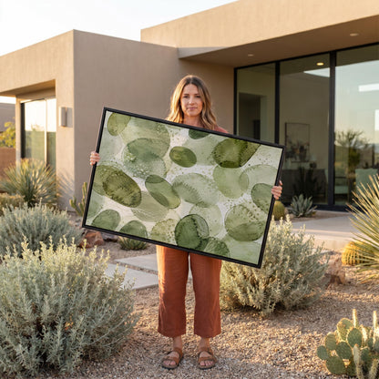 Overlapping olive green stone shapes, canvas wall art hanging in a calm, modern living space