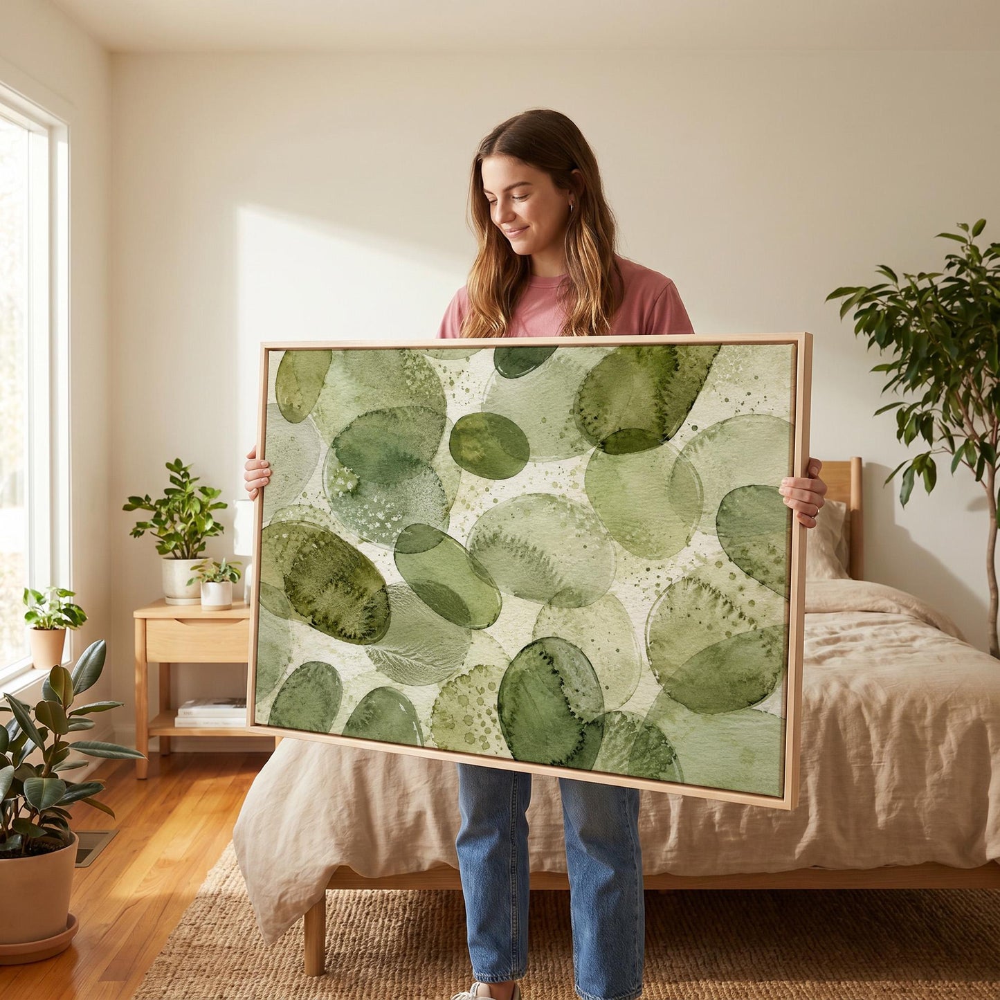 Overlapping olive green stone shapes, canvas wall art styled against a soft white wall