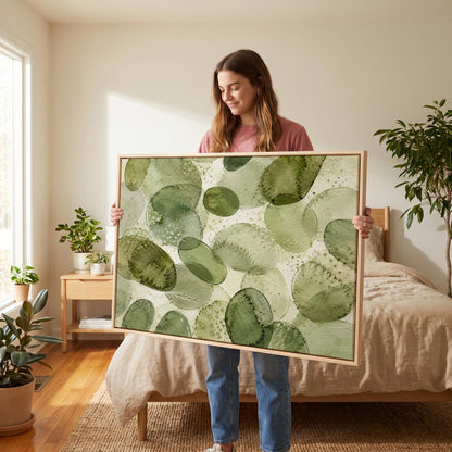 Overlapping olive green stone shapes, canvas wall art styled against a soft white wall