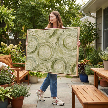 Swirling sage green ring circles, canvas wall art styled against a soft white wall