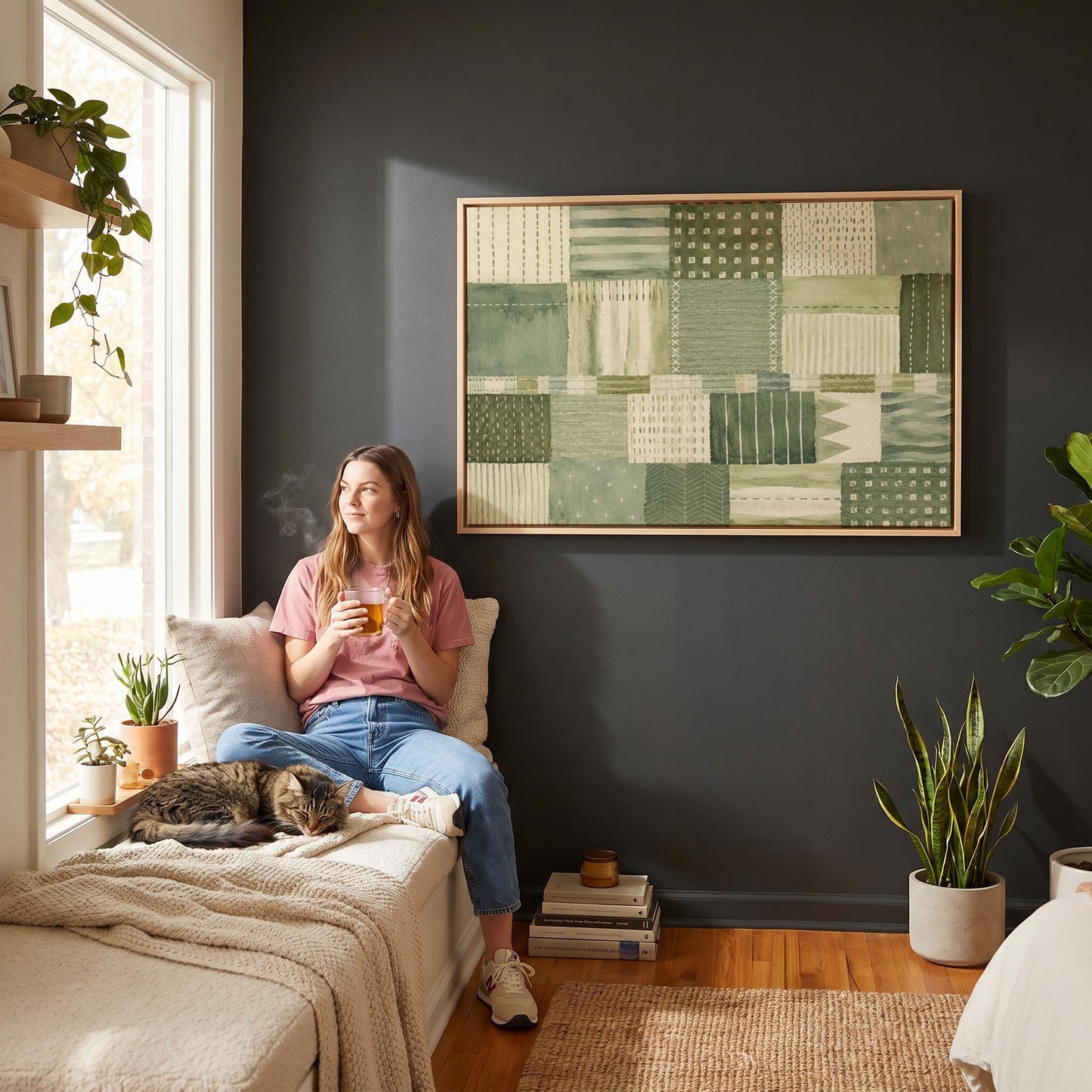 Quilted patchwork of olive green blocks, canvas print hanging in a calm, modern living space