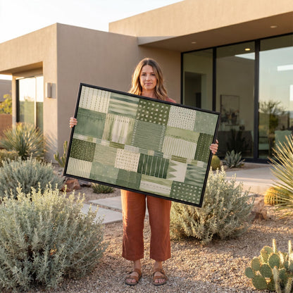 Quilted patchwork of olive green blocks, canvas print presented in a light, minimal room
