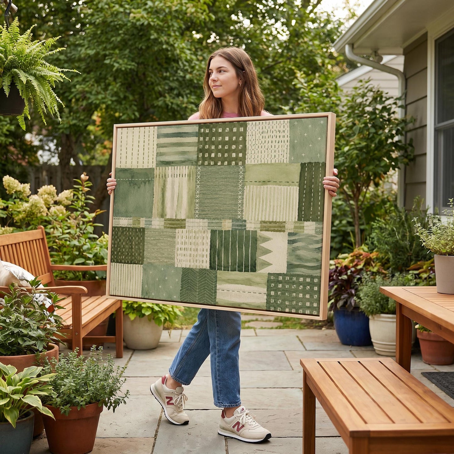 Quilted patchwork of olive green blocks, canvas print on a quiet wall in a considered interior