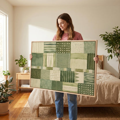 Quilted patchwork of olive green blocks, canvas wall art seen in a warm interior with natural light