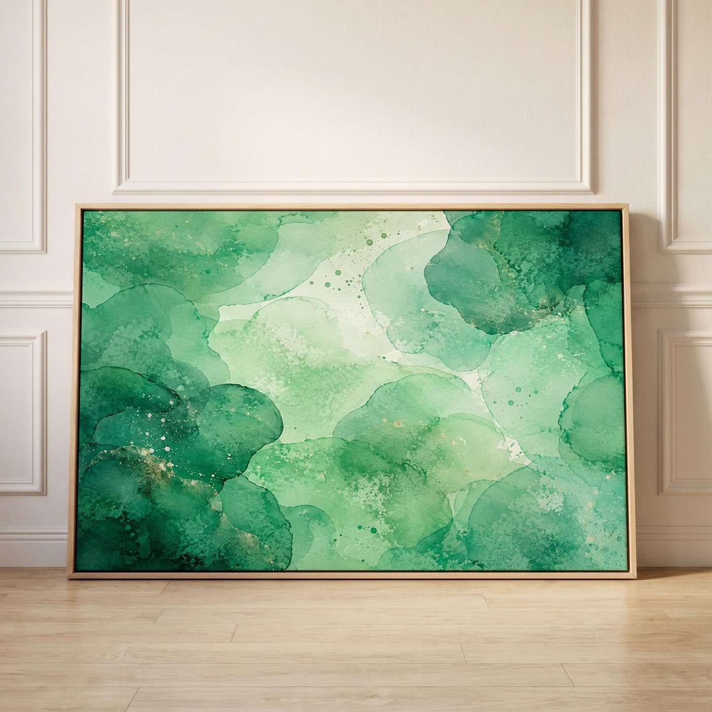 Wide emerald green watercolor wash, canvas print held up against a sunlit bedroom wall