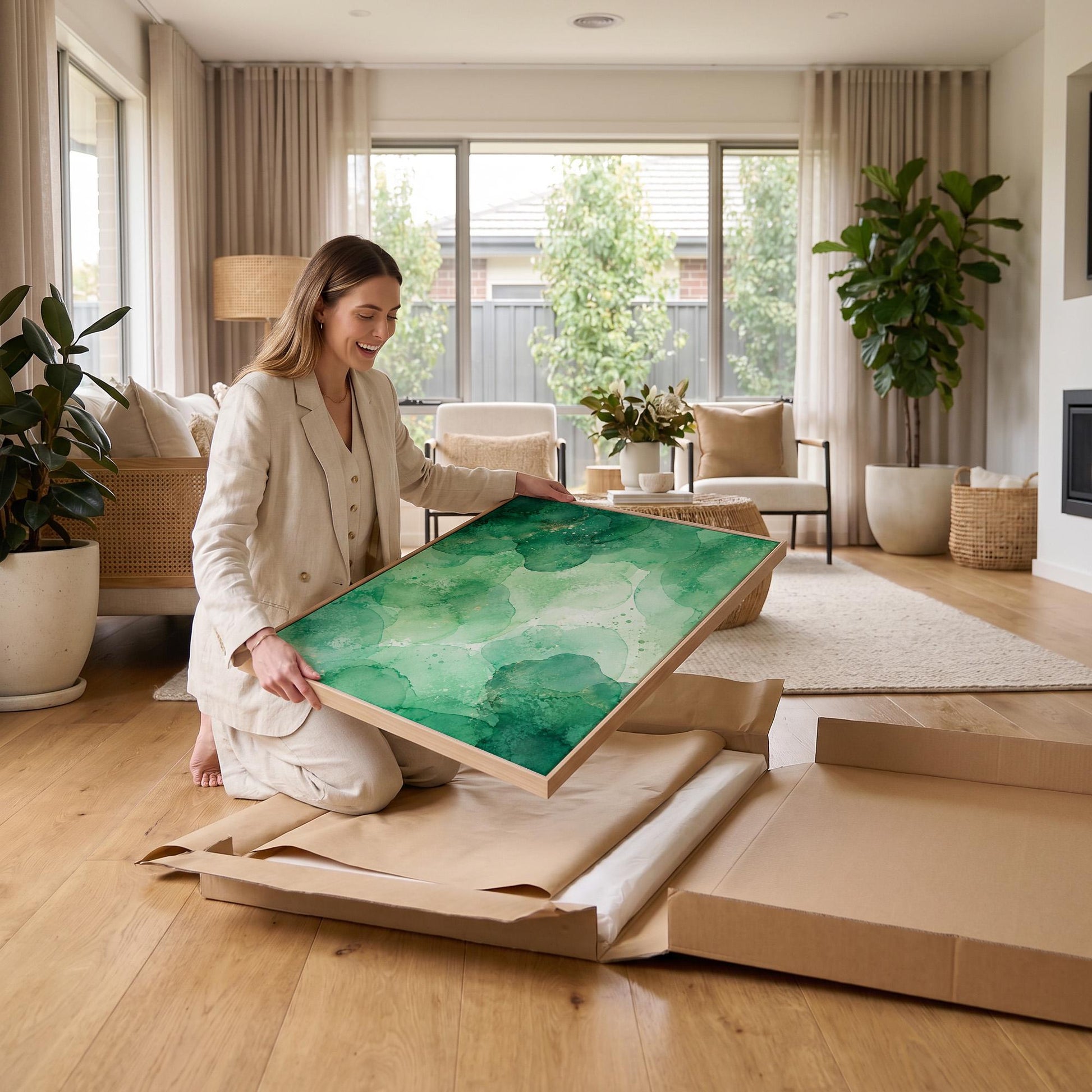 Wide emerald green watercolor wash, canvas print styled against a soft white wall